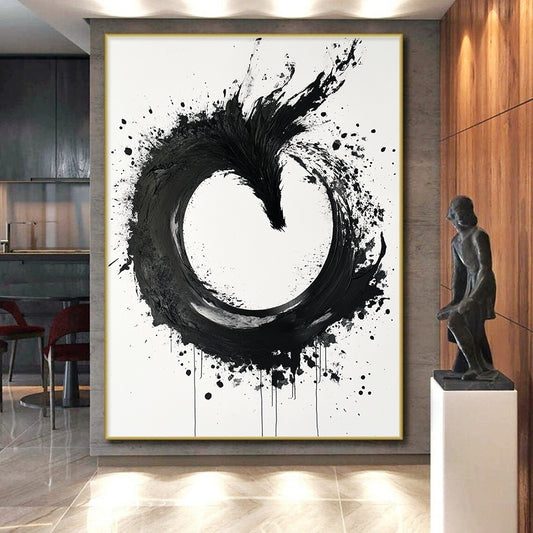 Black, White, Phoenix - Like Ink Swirl "Ink Phoenix Ascent" Abstract Expressionist Painting On Canvas HB137