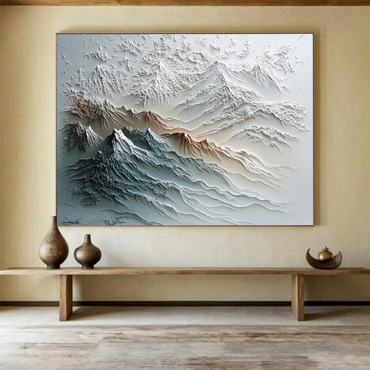 White, Gray, Brown and Blue Textured Mountain "Sculpted Peaks" Painting On Canvas HB0667