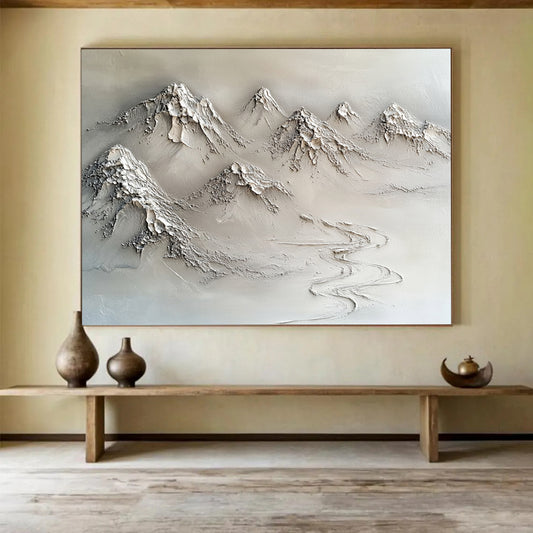 “Textured Mountain Range” - Neutral Grays, Beiges, Textured Mountain Landscape - 3D Relief Sculpture Painting HB1751
