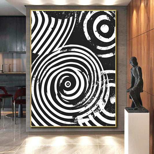 Black and White Concentric Circles "Perceptual Spin" Painting On Canvas HB284