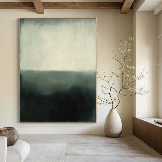 Abstract expressionism in muted gray and white tones featuring heavy brush strokes and a hazy atmosphere against a dark green background. DLZ1033