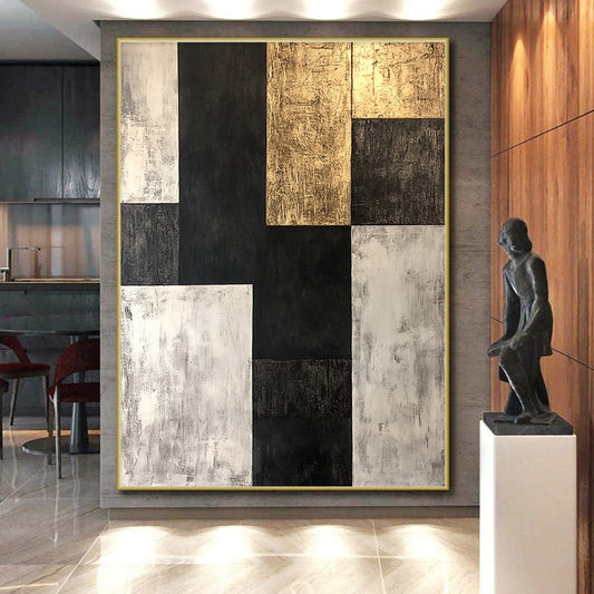 Black, White, Gold, Geometric Blocks "Gilded Monochrome Blocks" Abstract Geometric Painting On Canvas HB171