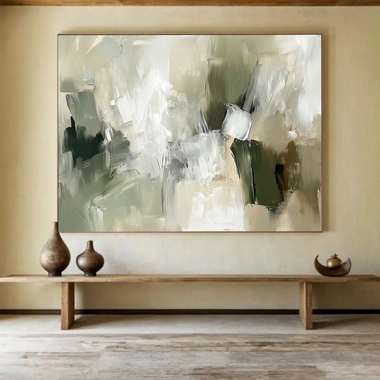 “Green and Beige Abstract Composition” - Green, beige, gray, white; Abstract composition with soft brushstrokes; Acrylic Painting On Canvas HB1265