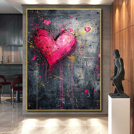 Pink Hearts with Splattered Yellow & Red - “Passionate Urban Hearts” Painting On Canvas HB212