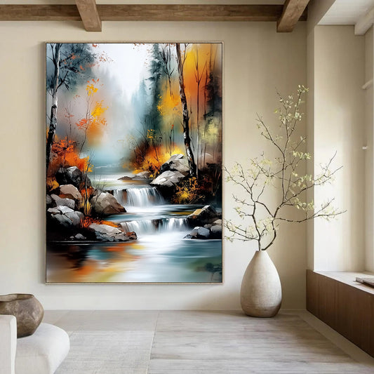 Contemporary abstract landscape featuring a tranquil river amid an autumn forest with misty hues and vibrant light effects in a digital watercolor style. DLZ1128
