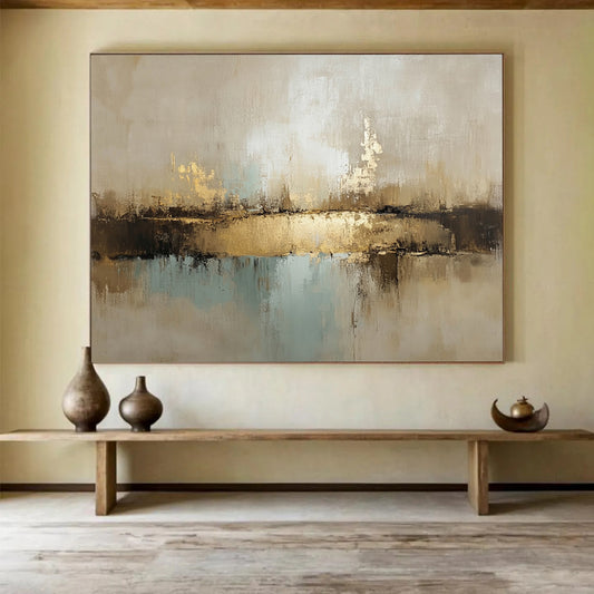 “Neutral Tones Abstract Landscape” - Beige, Gold, Blue, Textured Horizons, Abstract Landscape Painting On Canvas HB0898