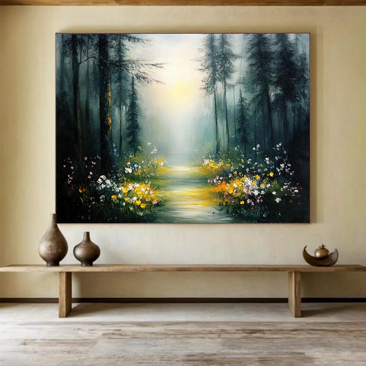 “Enchanted Forest Trail” - Vibrant Yellows, Pinks, Greens, Flower - Lined Forest Path - Whimsical Oil Painting HB1691