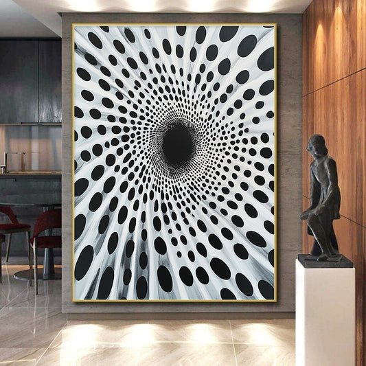 Black Dots on White Radial Pattern - “Spiral Particle Vortex” Painting On Canvas HB189