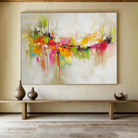 “Vibrant Abstract Cityscape” - Colorful, with hues of green, orange, pink, yellow; Abstract cityscape with thick brushstrokes; Oil Painting On Canvas HB1256