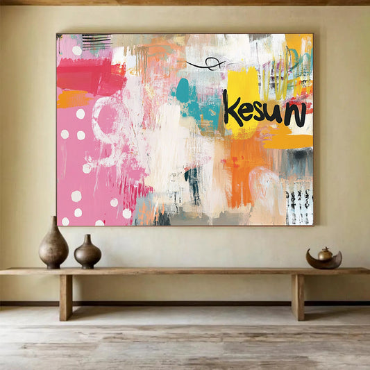 “Colorful Playful Abstract” - Pink, Orange, Teal, Yellow with Dots and “Kesun” - Painting On Canvas HB1389