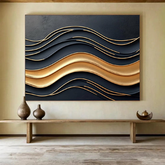 “3D Black - Gold Wavy Relief” - Black, Gold, 3D Wavy Textures Painting On Canvas HB0795