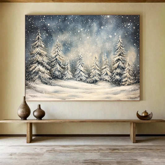 “Snowy Forest Night” - Blue, White, Snowy Trees, Landscape Painting On Canvas HB0777