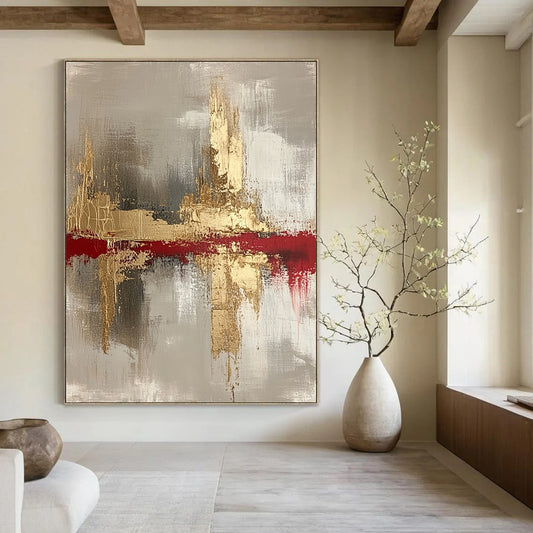 Contemporary hand-painted abstract art featuring gold, white, blue, black, and gray tones on a soft white background, perfect for modern decor. DLZ0437