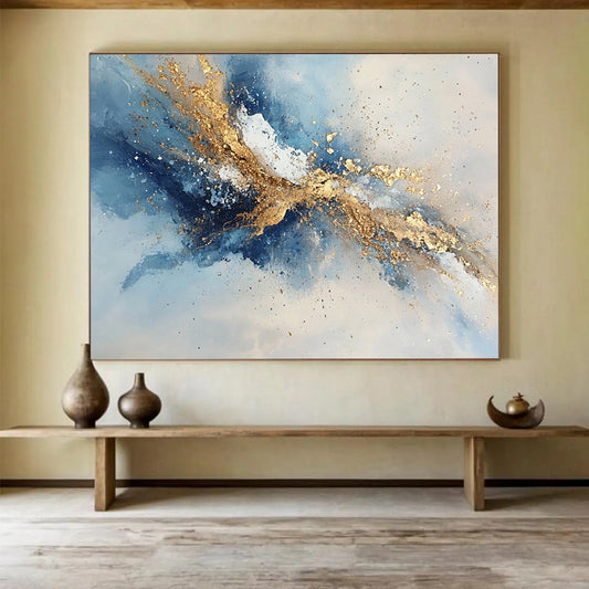 “Dynamic Gold - Blue - Gray Abstract Splash” - Gold, Blue, Gray, White, Energetic Splashes Painting On Canvas HB0824
