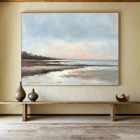 “Serene Coastal Shore” - Blues, Browns, Whites, Beach Scene - Realist Oil Painting HB1594