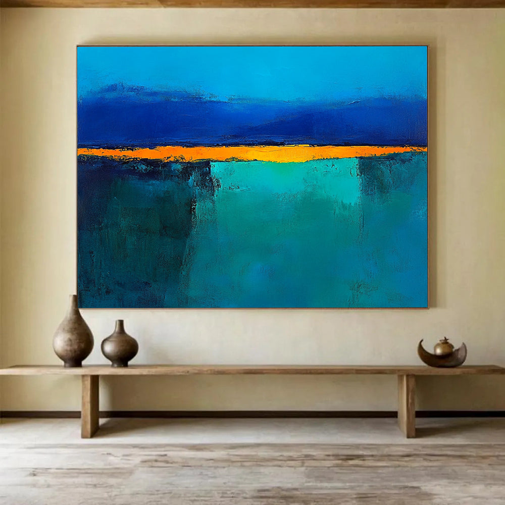 “Blue Orange Abstract Horizon” - Blue, Orange, Teal, Yellow, Horizontal Forms - Painting On Canvas HB1424