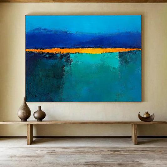 “Blue Orange Abstract Horizon” - Blue, Orange, Teal, Yellow, Horizontal Forms - Painting On Canvas HB1424
