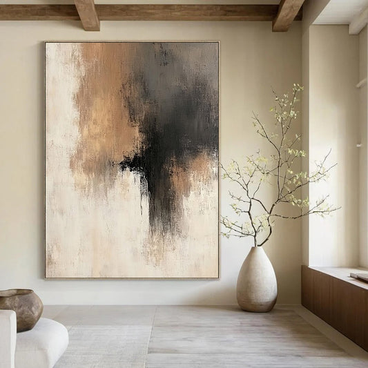 Large contemporary hand-painted abstract artwork featuring soft brush strokes in neutral tones of beige gray and brown accents with a serene neutral background. DLZ0440