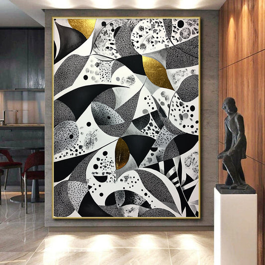 Black, White, Gray and Gold Abstract Patterns "Opulent Mosaic" Painting On Canvas HB332