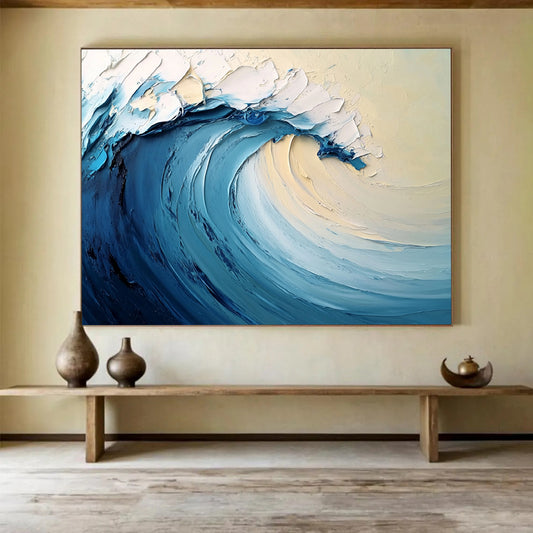 “Smooth Ocean Wave” - Blue, White, Beige, Abstract Surf - Palette Knife Oil Painting HB1505