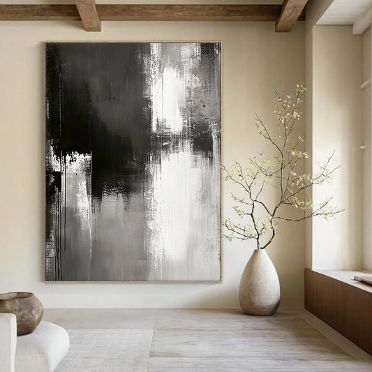 Contemporary abstract painting with grungy grey textures muted colors and simple brush strokes on a textured canvas for modern art lovers. DLZ0304