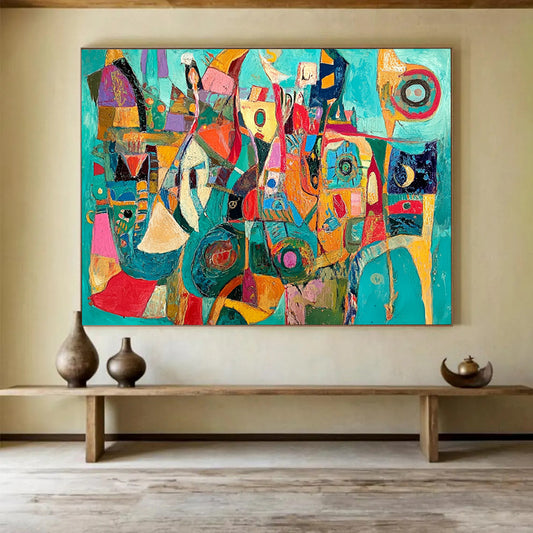 Vibrant Teal and Colorful Abstract Shapes - “Teal Carnival” Painting On Canvas HB1458