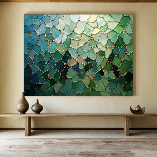 “Blue - Green Mosaic with Gold Lines” - Blue, Green, Gold, Irregular Mosaic Pieces - Mosaic Art HB1676