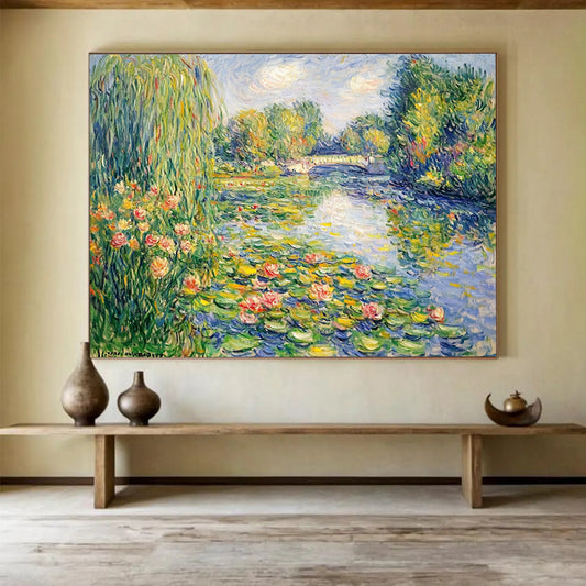 “Monet - Style Water Lilies” - Green, Blue, Pink, Classic Water Lily Scene - Impressionist Oil Painting HB1674