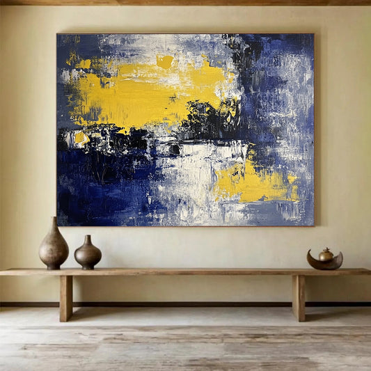 “Blue, Yellow, and White Abstract Landscape” - Blue, yellow, white, black; Abstract landscape with color blocks; Acrylic Painting On Canvas HB1222