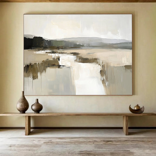 “Minimalist Lake Landscape Abstract” - Beige, Gray, White with Lake Forms - Painting On Canvas HB1402