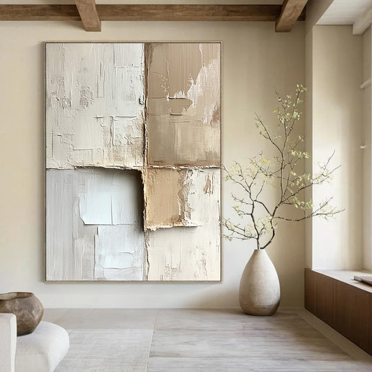 Contemporary hand-painted abstract artwork with textured beige and white blocks showcasing minimalism and neutral tones on canvas. DLZ0286