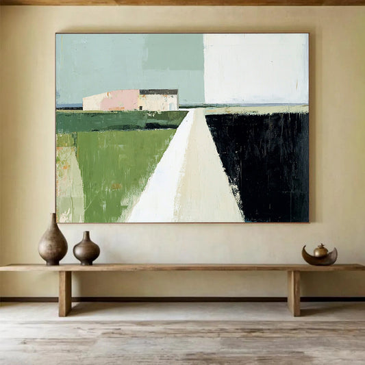 Green, Pink, Blue and Black Minimalist Landscape "Quiet Path" Painting On Canvas HB0658