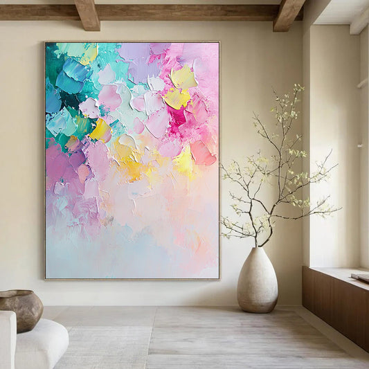Contemporary hand-painted abstract art featuring pastel flowers in light pink and mint green with dynamic brush strokes and a textured palette knife finish. DLZ0761