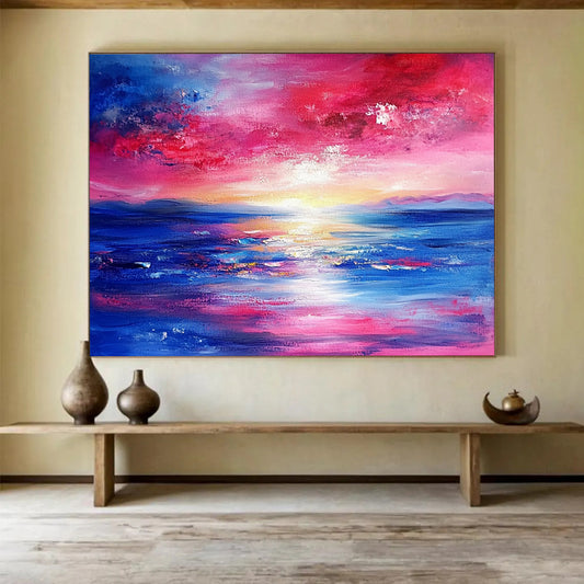 “Vibrant Sunset Seascape” - Pink, red, blue, yellow; Abstract sunset sea; Expressive Oil Painting On Canvas HB1193