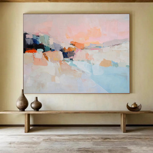 Soft Pink and Colorful Abstract Landscape - “Blush Horizon” Painting On Canvas HB1456