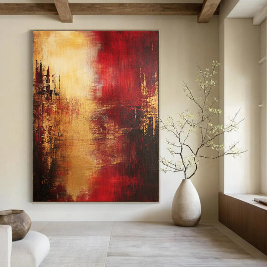Contemporary hand-painted abstract artwork features atmospheric reds and yellows with an impressionistic cityscape embodying emotional depth and dramatic lighting. DLZ0693