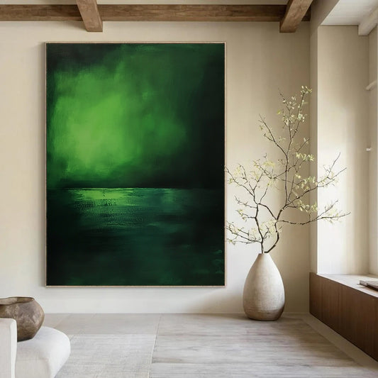 Contemporary hand-painted abstract artwork capturing serene deep greens and blues of the sea, evoking tranquility and minimalist beauty. DLZ1243