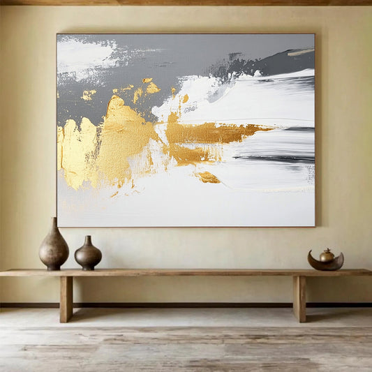 “Gray - White - Gold Abstract Strokes” - Gray, White, Gold, Abstract Paint Strokes - Acrylic Painting HB1780