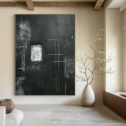 Contemporary abstract art featuring a black wall with eerie white chalk drawings of a cross and window with a central space for personal expression. DLZ1150