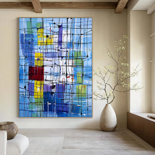 Vibrant contemporary abstract art featuring dynamic lines and shapes with a New York City office backdrop highlighting the complexity of life and emotion. DLZ1236