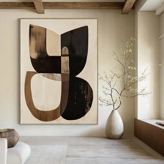 Contemporary hand-painted abstract art featuring overlapping oval shapes in beige and black with emerging dark forms and cream-colored blocks above. DLZ1369