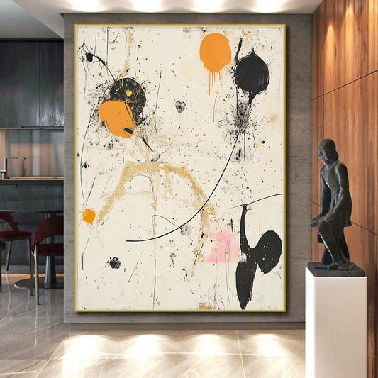 Black, White, Orange, Gold, Splattered Shapes "Chaotic Cosmos" Abstract Expressionist Painting On Canvas HB101