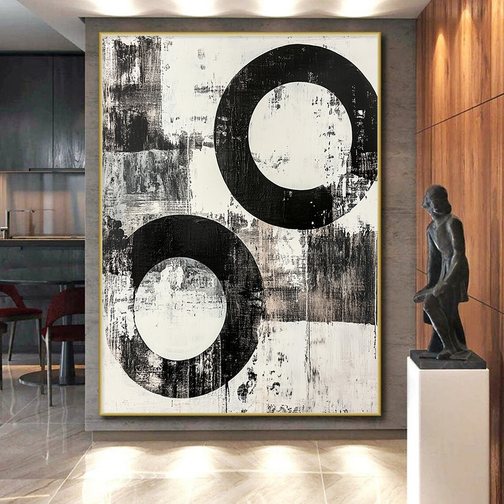 Black and White Textured Circles "Rough Harmony" Painting On Canvas HB258