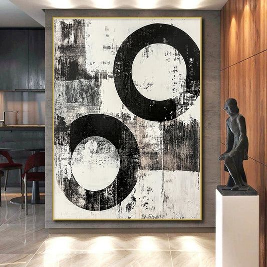 Black and White Textured Circles "Rough Harmony" Painting On Canvas HB258