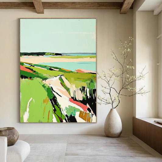 Contemporary abstract painting featuring vibrant green grass and a serene sky inspired by the coastal beauty of Cape Cod in Matisse's style. DLZ1420