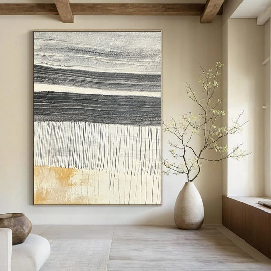 Contemporary abstract artwork showcasing textured stone slabs with dark gray horizontal ridges against a light gray background highlighting vibrant yellow chalk strokes. DLZ1224