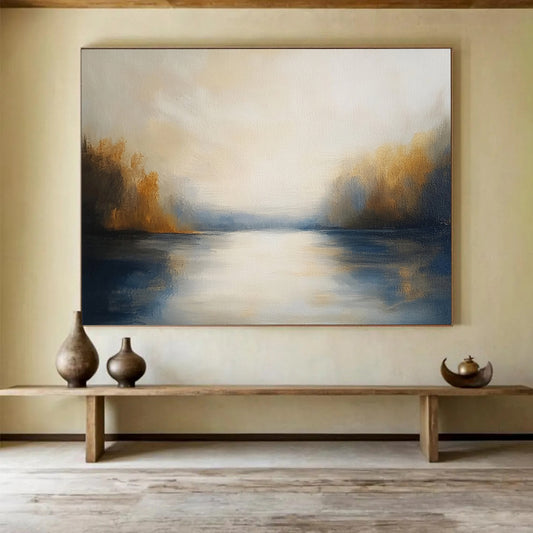 “Sunlit Lake Reflection” - Whites, Yellows, Blues, Brown, Lake Scene - Impressionist Oil Painting HB1572