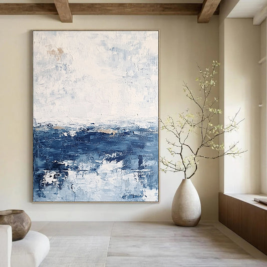 Contemporary abstract artwork featuring textured layers in neutral tones with blue sea and white sky for a minimalist landscape aesthetic. DLZ0364
