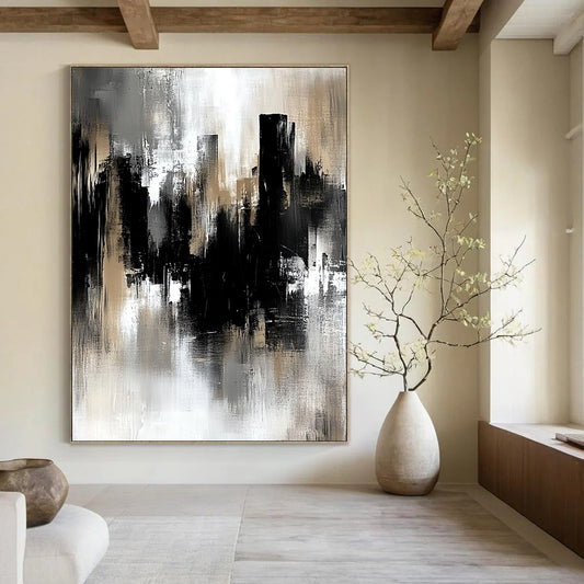 Contemporary hand-painted abstract art featuring a gray and black industrial cityscape with soft edges and loose brushstrokes in muted tones. DLZ0707