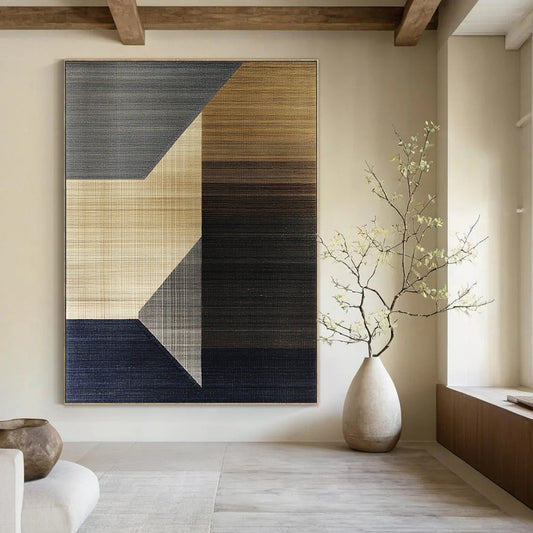 Contemporary abstract artwork with geometric shapes in earthy tones featuring soft browns and greys contrasted with dark navy and delicate line-drawn squares. DLZ1453